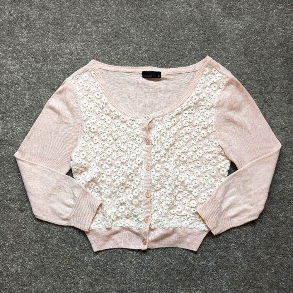 Vero Moda pink and cream lace mesh floral chest button down cardigan sweater XS